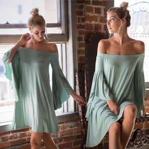 🎉HP🎉 Sage Green Off The Shoulder Bell Sleeve Dress